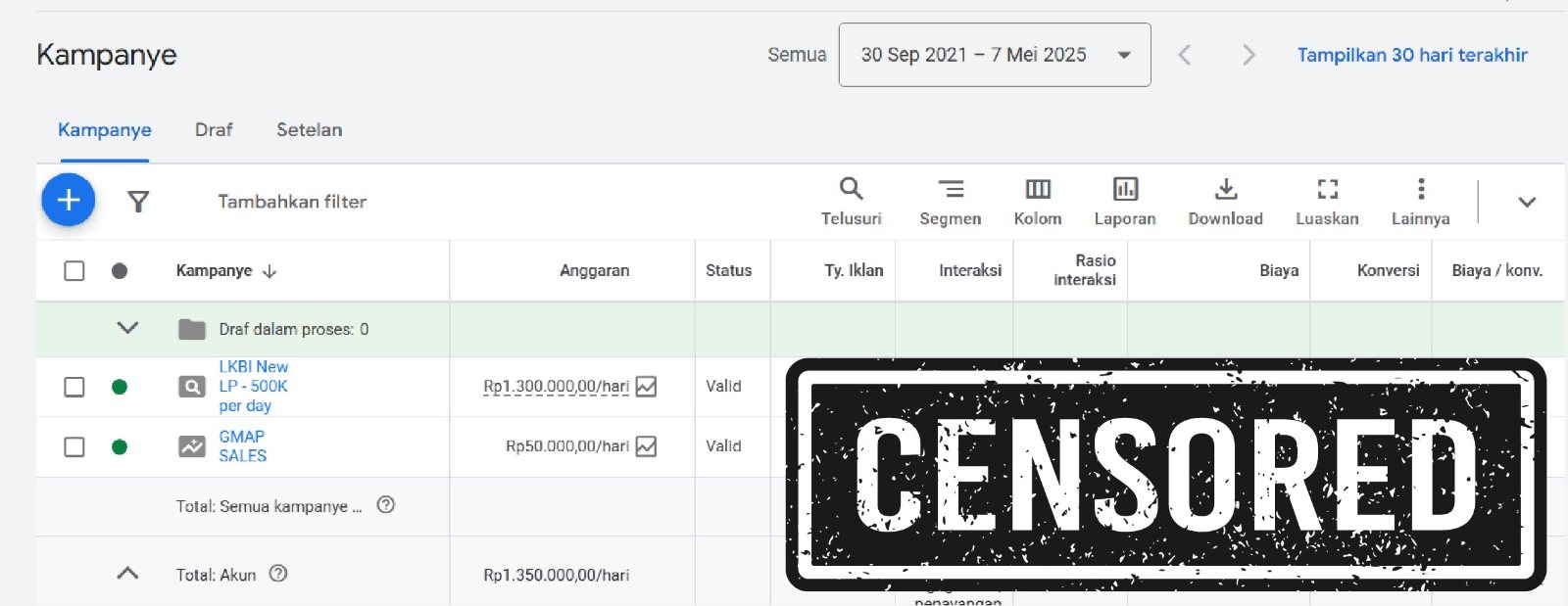 Dashboard Google Ads, 30 Sep 2021 - 7 Mei 2025 (angka disensor)