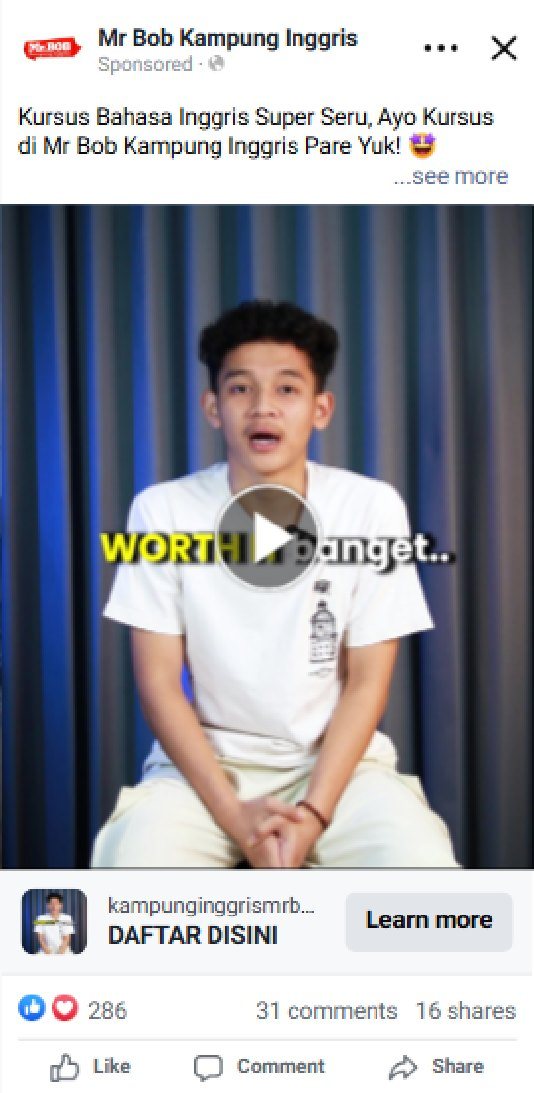 Iklan Meta Ads: 286 reaksi, 31 komentar, 16 share