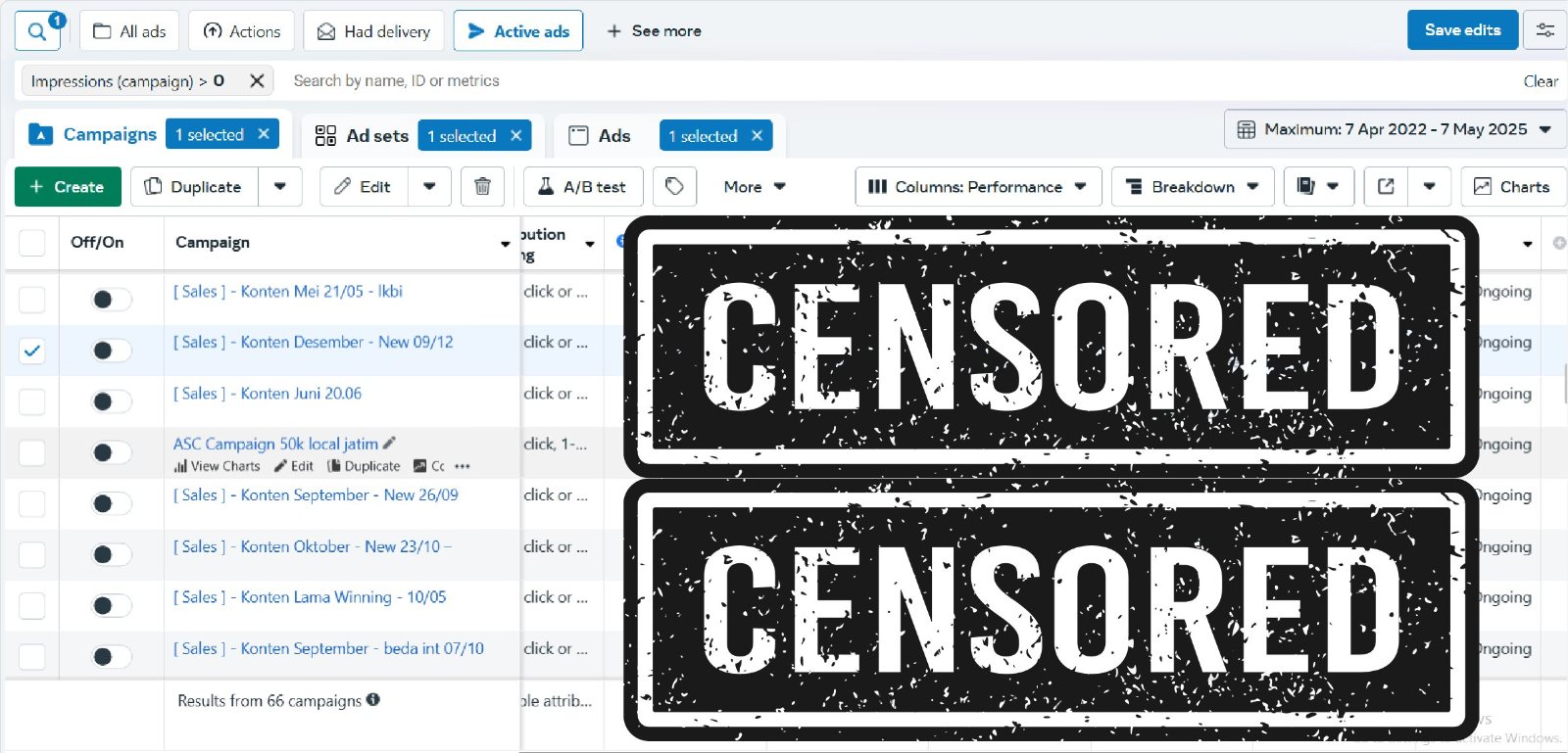 Dashboard Meta Ads, 7 Apr 2022 - 7 Mei 2025, 66 kampanye (angka disensor)